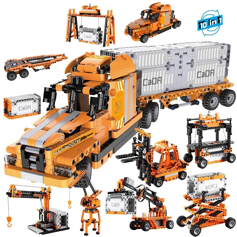 C71002 teknik Port RC kamyon mühendislik araba Forklift konteyner kaldırma 10 in1 DIY setleri Cada tuğla yapı taşları çocuklar için oyuncaklar