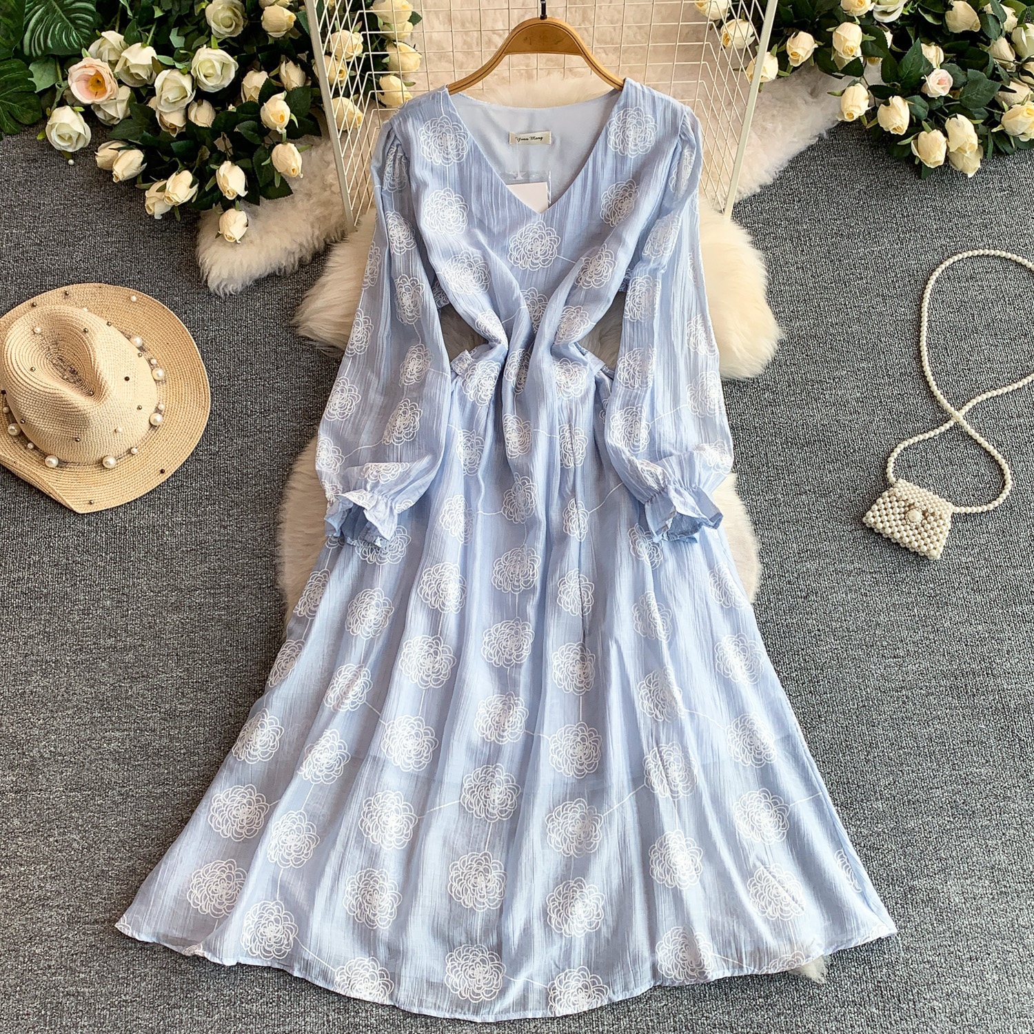 Gentle Style Plus Size Fat MM Loose Slimming V-neck Dress for Women New  Embroidered Temperament Knee Length Mid Length Skirt| Alibaba.com