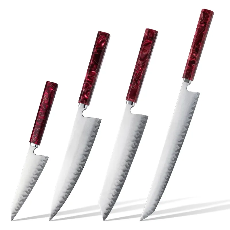 Buatan tangan Jepang 5 lapisan berpakaian karbon tinggi baja tahan karat koki dapur set pisau dengan Resin merah dan pegangan kain tembaga