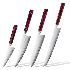 Handmade Japanese 5 Layers Clad High Carbon Stainless Steel Kitchen Chef Knife Sets With Red Resin And Copper Cloth Handle