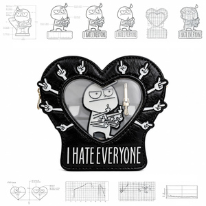 Borsa a tracolla personalizzata a forma di cuore con motivo 'I Hate Everyone' e dito medio, in similpelle, per spille e badge - Product Image 3