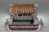 Comptoir de bar de restaurant en bois sur mesure, kiosque alimentaire complet avec cuisinière, machine à café, évier, table à manger et tabourets