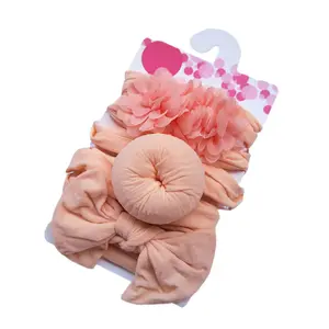 New Design Children's Headband Baby Nylon Bow Donut Floral Hairband Three-Piece Set Elastic Hair Accessories Wholesale