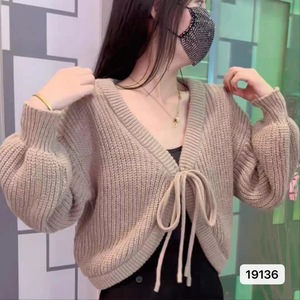 Cárdigan de punto para mujer, talla única, color liso, suelto, con lazo frontal, estilo irregular, estilo fresco y dulce - Product Image 2