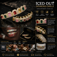 En gros Grillz dentaire CZ arc-en-ciel entièrement serti, large, style Hip Hop de luxe, plaqué or 14K, coupe octogonale, bijoux dentaires pour hommes et femmes