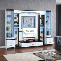 Ensemble de salon de luxe en bois blanc, style Mid-Century Modern, comprenant un meuble vitrine extensible, un meuble à vin, une table basse et un meuble TV
