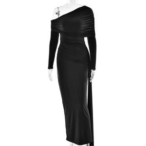 定制时尚性感斜领连衣裙纯色漂亮夏秋长裙 - Product Image 1