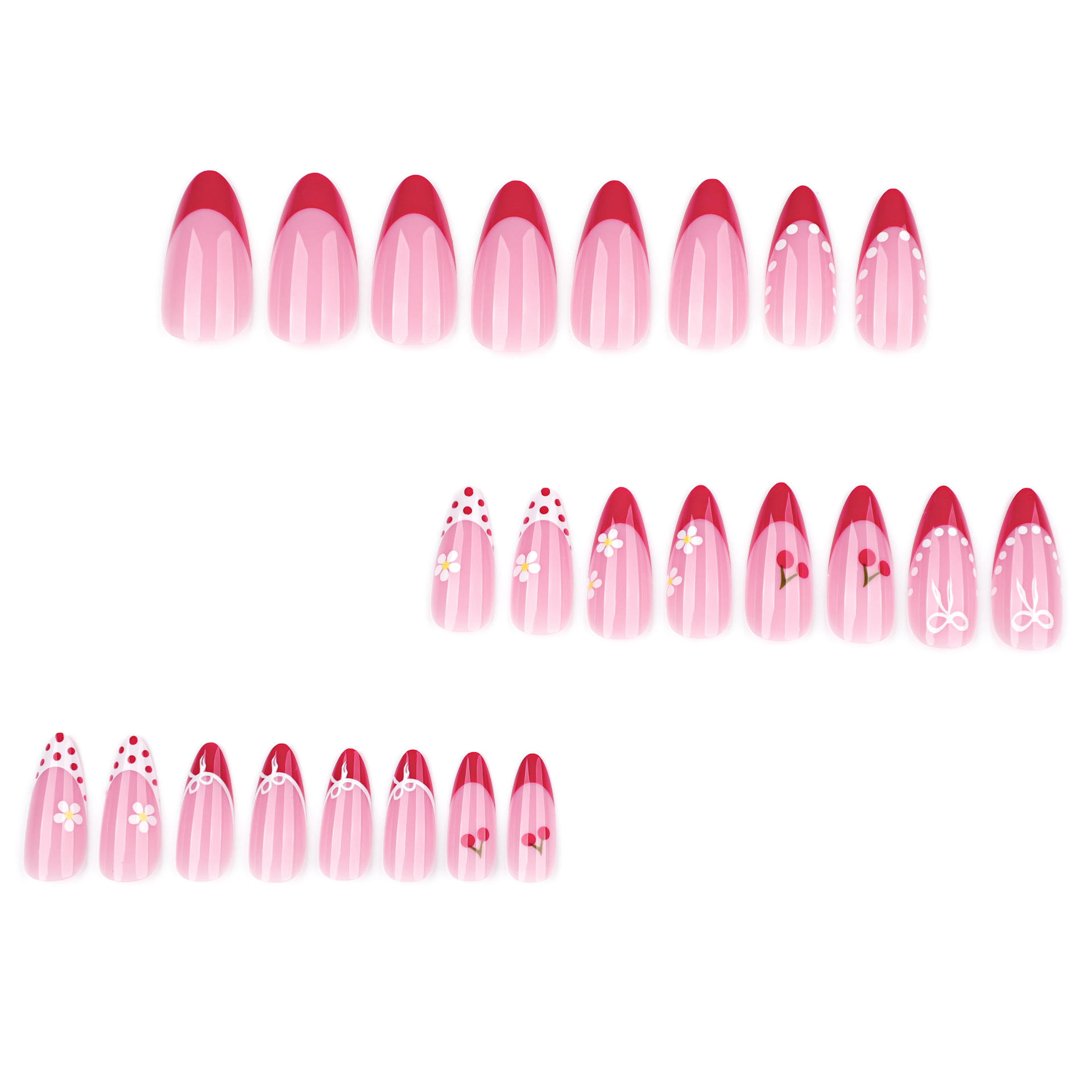 Cherry Red French Style Almond 24pcs Machine-Made & Half Handmade Nails Press-On False Fingers Wholesale Nails