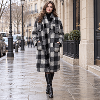 Manteau long en fausse fourrure à carreaux Buffalo, col châle, ouvert sur le devant, avec poches plaquées et ceinture, coupe oversize, pour l'automne et l'hiver, style urbain