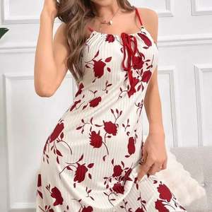 Women Summer Floral <b>Long</b> Chemise Dress Elastic Waist <b>Satin</b> Sleeveless <b>Nightdress</b> Front Knot Bow Breathable Casual Sleepwear - Product Image 5