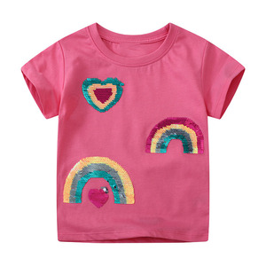 RTS felpe Casual per bambini maniche Raglan con ricami colorati con paillettes manica corta bambino <span class=keywords><strong>top</strong></span> bambina abbigliamento t-shirt - Product Image 1