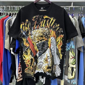 T-shirt unisexe ample style américain, imprimé tendance « Life Hustlers » avec motif ange masqué et tatoué, lettrage en strass thermocollé - Product Image 3