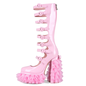 Summer Cut Out Knee High <b>Boots</b> Women Buckles Thick Lace Platform Chunky Heels Back Zipper Patent Long Booties Big Size 47 Shoes - Product Image 5