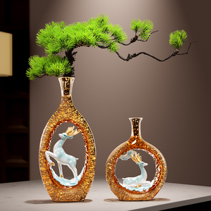 Nouveau vase en verre style chinois avec cerf porte-bonheur et ornement de branche de pin pour la décoration du salon, de l'entrée et du meuble TV - Product Image 2