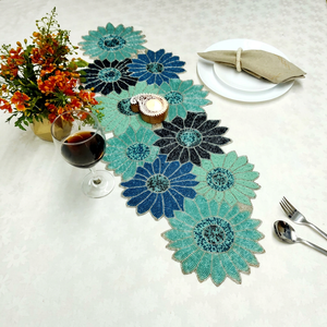 Embroidered Floral Table <b>Runner</b> Blue Teal Cotton Bohemian Home Decor <b>Washable</b> - Product Image 1
