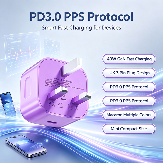 Hot Selling Colorful GaN Charger 40W PD Type C Fast Charging Wall Charger UK Plug Single Port PPS Gallium Nitride Power Adapter