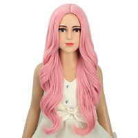 Peluca Larga Rosa Pastel con Ondas Suaves y Partidura Media, Fibra Sintética de Baja Temperatura con Gorra