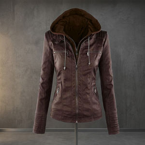 Veste de moto en cuir unie pour femme avec capuche amovible, coupe-vent, pour l'automne - Product Image 4