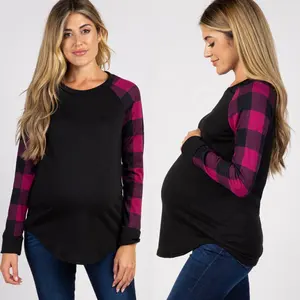 Round neck printed plaid long-sleeved maternity top Lady Maternity Dress