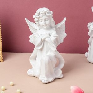 Statua Artigianale di Fata Bianca <span class=keywords><strong>con</strong></span> Ali su un Ginocchio e Finitura Liscia per Decorazione - Product Image 2