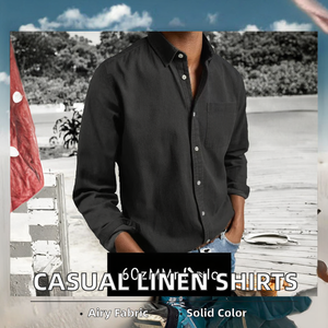 Camisas Casuales de Lino y Algodón para Hombre, Estampado Digital Personalizado, Cuello Mao, Diseño de Botón Único, Transpirables para Otoño - Product Image 2