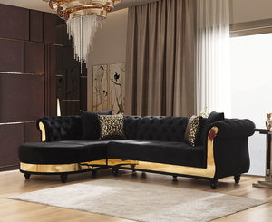 Gold Detailed Tufted Velvet Convertible Sectional Set with L-Shape Design for Living Room in Black - Product Image 2