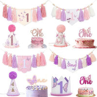 Bannière en perles de bois bohème mignonne avec un motif de papillon violet et de couronne pour les décorations de fête de 1er/2e anniversaire ou de Noël