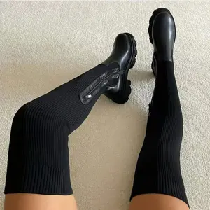 Großhandel schwarz stiefel größe 40-LE SLIDES Rutsch feste Lederschuhe Overknee-Stiefel Plattform Frauen Hoch Sexy Strick Socken Oberschenkel Hohe Stiefel Frauen