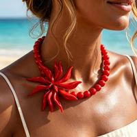 Colliers tendance à grandes fleurs faites à la main, chaîne de perles contrastées, perles rondes, grandes fleurs vintage, style côtier, corail rouge vif