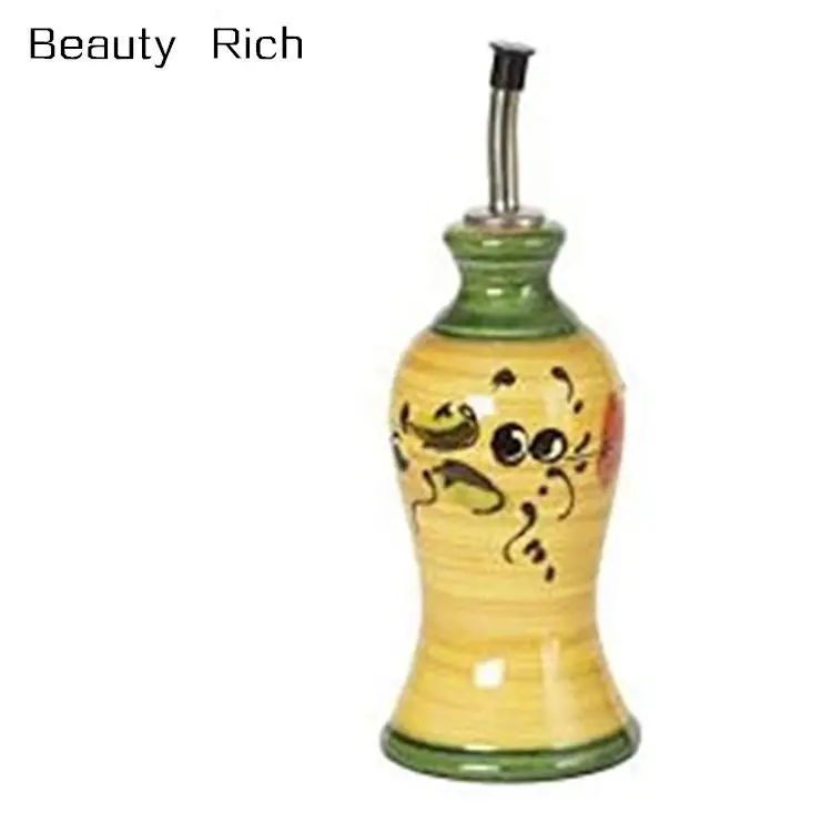 De aceite de cerámica y botella de vinagre de cerámica de amarillo/verde oliva diseño aceite de oliva jarra 16,9 floz