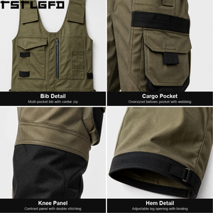 Salopette utilitaire coupe ajustée olive et noir avec bretelles réglables, poches à outils et empiècements aux genoux – Vêtements de travail personnalisés, vente en gros, direct usine - Product Image 5
