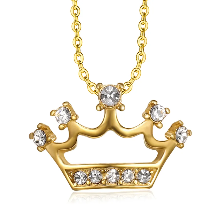 New Fashion Stainless Steel Diamond Queen Princess Crown Design Necklace Jewelry Women Crystal Gold Long Choker Wedding Necklace