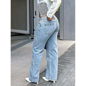 Jeans en denim bleu clair taille haute mi-longueur pour femmes, coupe droite, ample, extensible, style 'maman', livraison gratuite aux États-Unis - Product Image 3