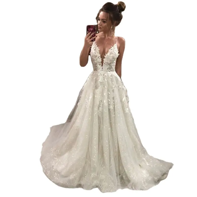 Abito da sposa 2022 principessa scollo a v Spaghetti Glitter Tulle a-line abito Vestido De Novia civile per le donne su misura