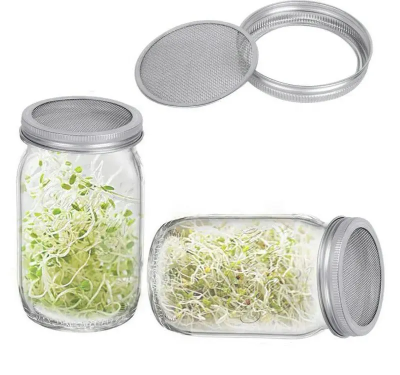 32oz Complete Wide Mouth Empty Pickling Mason Canning Jar Sprouting Set Kit with Stainless Steel Sprout Lids Drain Tray Stand