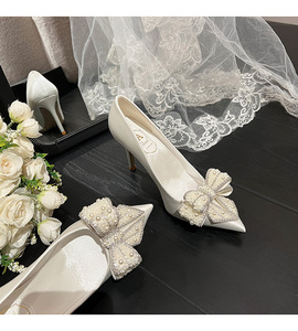 Bride New White Wedding <b>Shoes</b> Women's Stiletto Pointed Toe Satin Pearl Bow High Heels for Ladies - Product Image 3