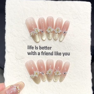 <span class=keywords><strong>Uñas</strong></span> Postizas Hechas a Mano con Diseños Florales Dorados, Efecto Degradado Transparente en Tono Nude, Estilo Ojo de Gato, <span class=keywords><strong>para</strong></span> Primavera y Verano - Product Image 1