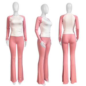 HR24061 da donna Casual a manica lunga a tinta unita 2 pezzi Set autunno pantaloni Slim in poliestere caldo abito a vita alta con colori abbinati - Product Image 2