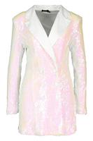 Robe blazer en satin blanc pour femme avec paillettes Costumes d'affaires à double boutonnage Longue longueur et motif tissé Robe formelle