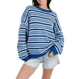 Maglione da <span class=keywords><strong>Donna</strong></span> Personalizzato all'Ingrosso, 100% Cotone, <span class=keywords><strong>Oversize</strong></span> con Collo Tondo, Multi-Strisce, Stile Urbano e Casual Rilassato - Product Image 1