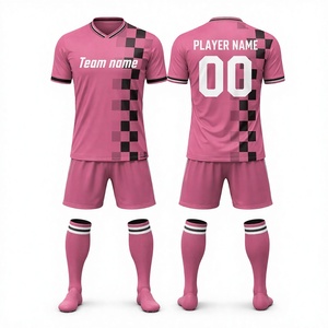 Maillot de football personnalisé en sublimation, col en V, manches courtes, rose à carreaux, unisexe, anti-transpiration, toutes saisons - Product Image 1
