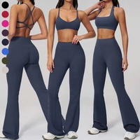 Ensemble de sport pour femme effet seconde peau, soutien-gorge de sport dos nu, pantalon de yoga évasé taille haute, 2 ou 3 pièces, couleur unie, tenues de fitness