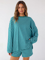 Ensemble deux pièces tendance pour femme : sweat-shirt ample à manches longues rayé et short assorti – Tenue décontractée pour la maison