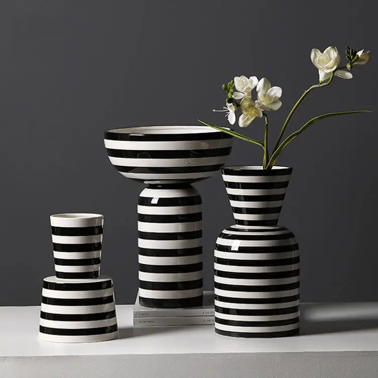 Nordic Wide Mouth Modern Ceramic Vases Black White Stripes Floreros De Ceramic