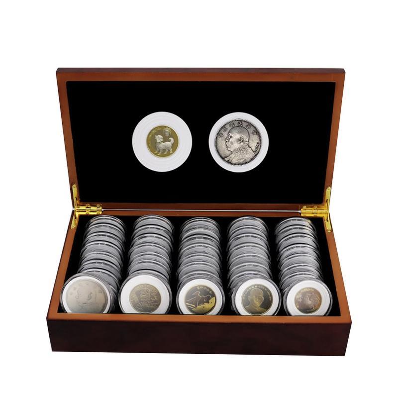 Caja de almacenamiento de monedas con almohadilla de ajuste, tuche de colección de monedas conmemorativas de madera antioxidante ajustable, 20/ 30/50/100 Uds