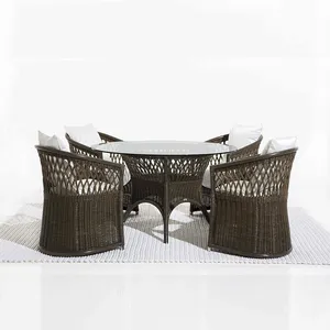 4 seater design restaurant rattan furniture outdoor chair and rattan woven round glass top dining table