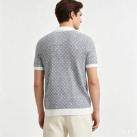 Herren Retro Geometrisches Jacquard-Strick Kurzarm-Poloshirt, Reverskragen Knopfleiste Vorne Lässiger Strick-Cardigan