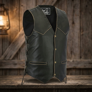 Gilet de moto en cuir véritable noir avec laçage latéral, ajustable, personnalisable, vente en gros, veste sans manches pour motard - Product Image 3