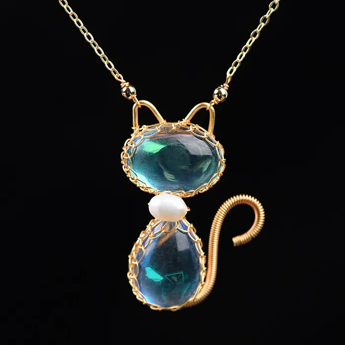 Colar banhado de ouro de opala de bronze, gaiola de cristal, colar de gato