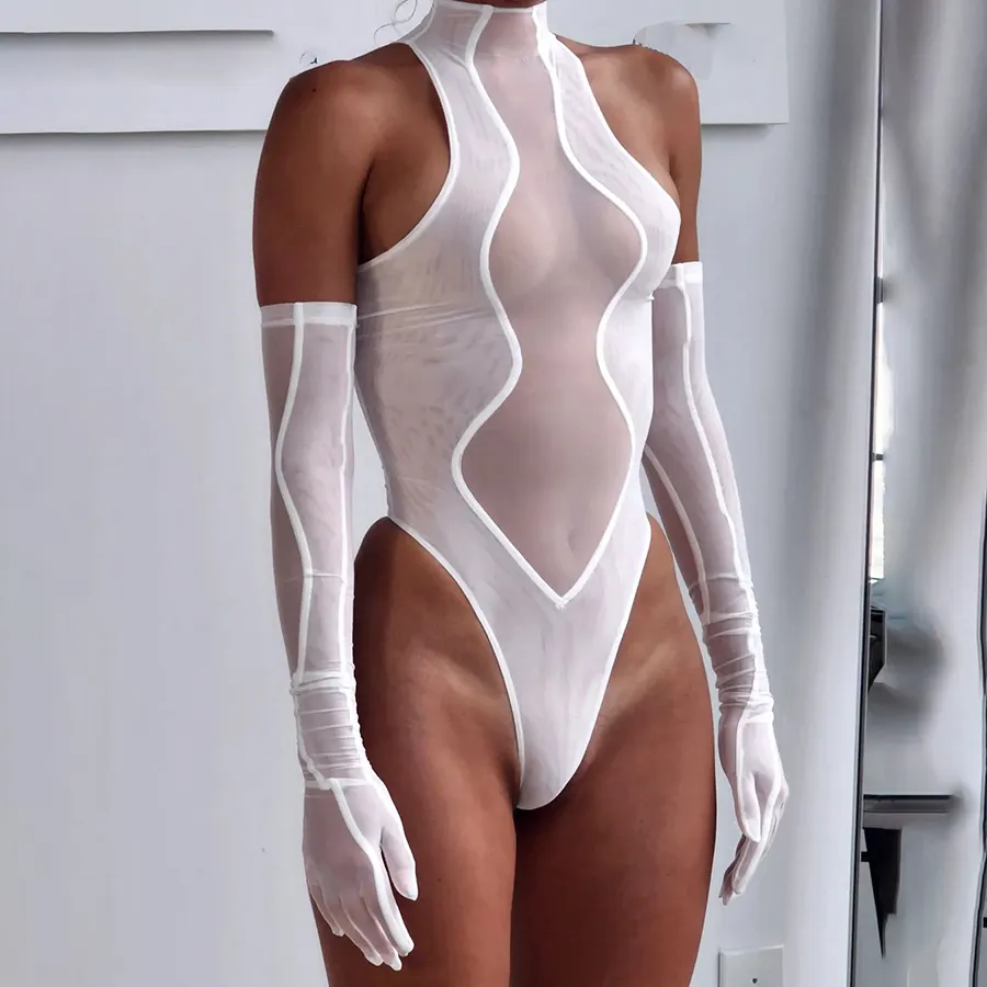 Kliou K22S19696 Mesh Bodysuits With Matching Gloves Two Piece Women Solid Turtleneck Sexy See Through Tops